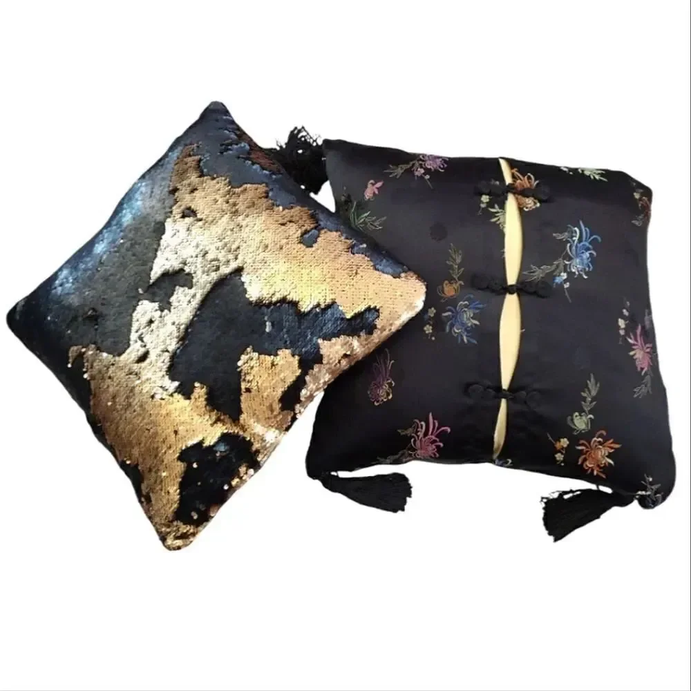 Y2K 2 Square Decor Accent Pillows‎ Black Gold Metallic Sequins Floral